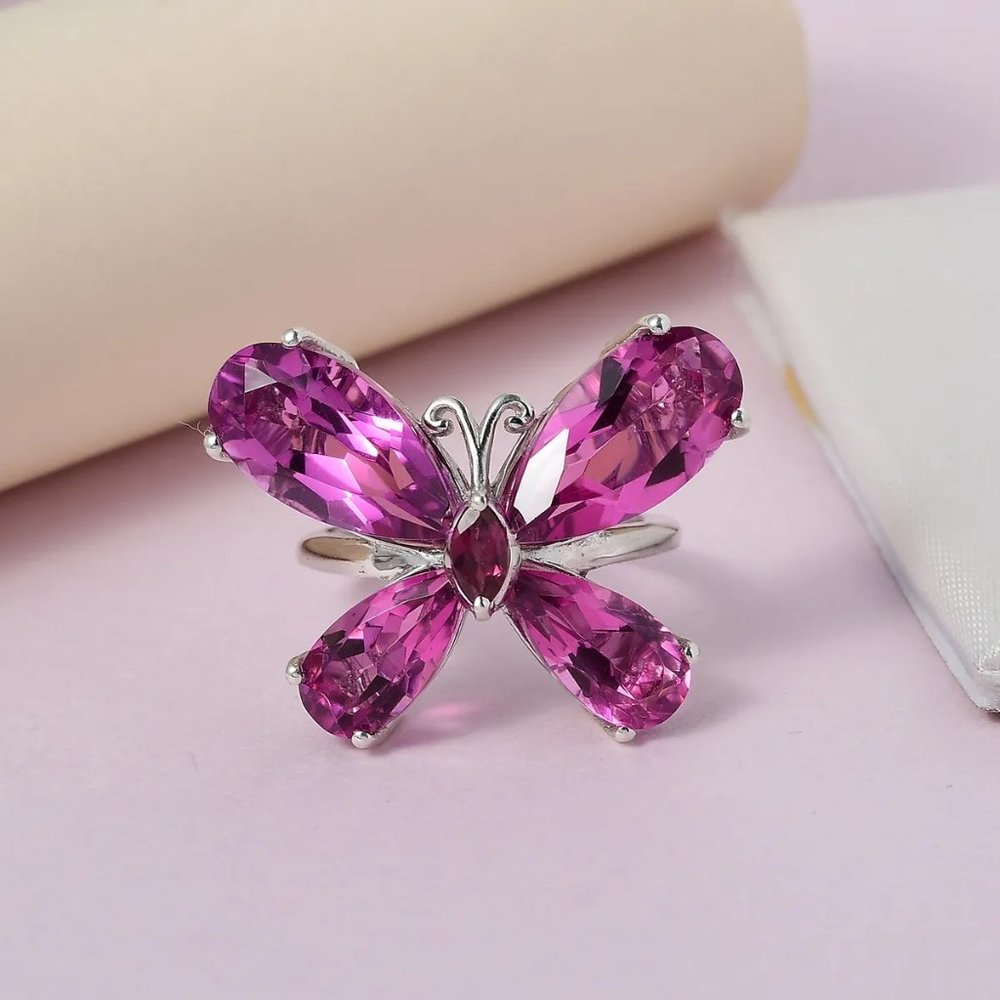 Large Butterfly Lilac Quartz & Garnet 14.15 Carets 925 Sterling Ring Size 7